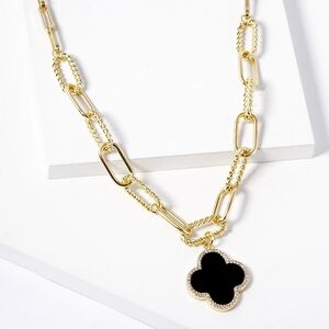 Black Gold Dipped Quatrefoil Clover Chain Necklace PaperClip Link Pendant